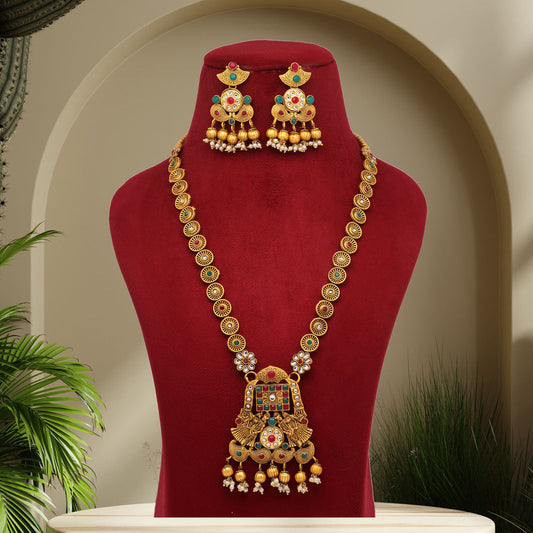 Maroon & Green Color Vilandi Kundan Matte Gold Rajwadi Temple Necklace Set (TPLN318MG) - preyans.com