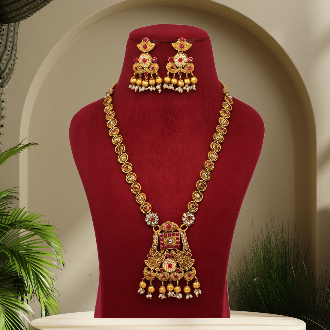 Rani Color Vilandi Kundan Matte Gold Rajwadi Temple Necklace Set (TPLN318RNI) - preyans.com