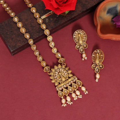 Gold Color Vilandi Kundan Matte Gold Rajwadi Temple Necklace Set (TPLN319GLD) - preyans.com