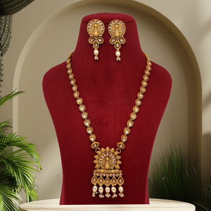 Gold Color Vilandi Kundan Matte Gold Rajwadi Temple Necklace Set (TPLN319GLD) - preyans.com