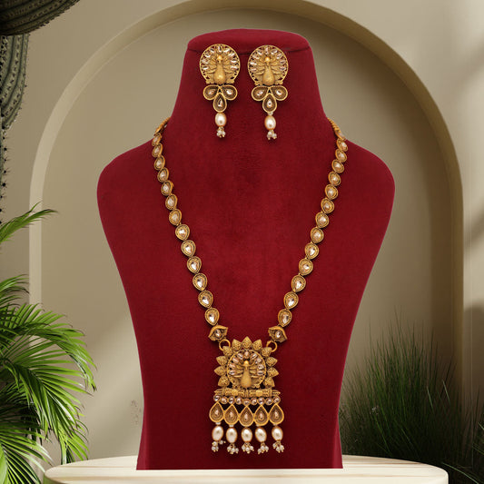 Gold Color Vilandi Kundan Matte Gold Rajwadi Temple Necklace Set (TPLN319GLD) - preyans.com