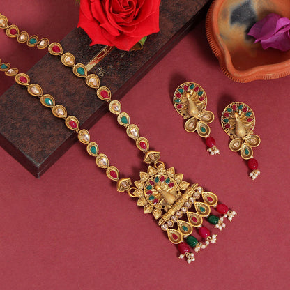 Maroon & Green Color Vilandi Kundan Matte Gold Rajwadi Temple Necklace Set (TPLN319MG) - preyans.com