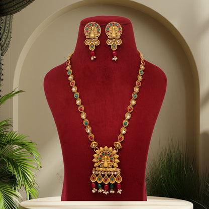 Maroon & Green Color Vilandi Kundan Matte Gold Rajwadi Temple Necklace Set (TPLN319MG) - preyans.com