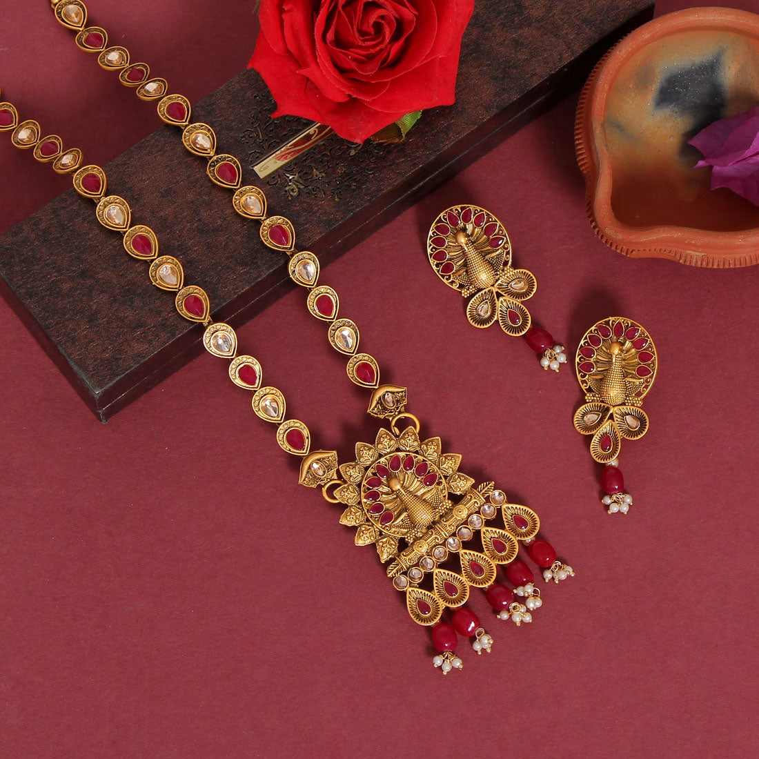 Rani Color Vilandi Kundan Matte Gold Rajwadi Temple Necklace Set (TPLN319RNI) - preyans.com