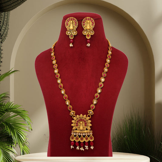 Rani Color Vilandi Kundan Matte Gold Rajwadi Temple Necklace Set (TPLN319RNI) - preyans.com