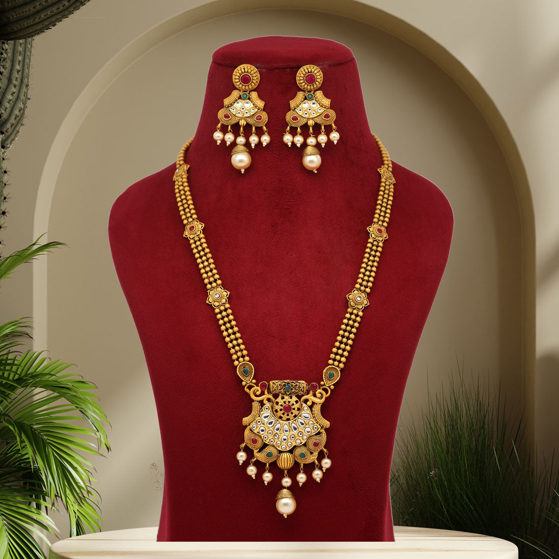 Maroon & Green Color Vilandi Kundan Matte Gold Rajwadi Temple Necklace Set (TPLN322MG) - Preyans.com