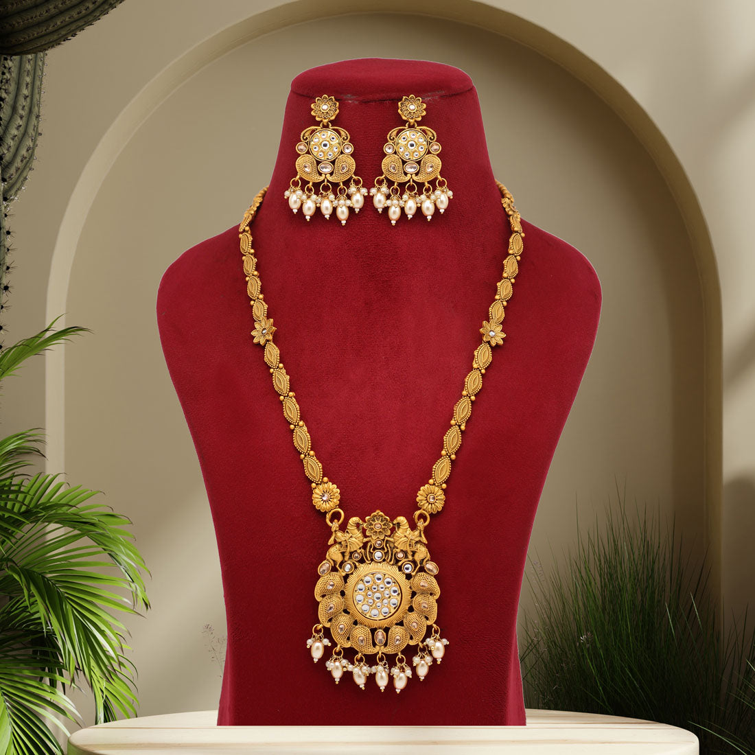 Gold Color Vilandi Kundan Matte Gold Rajwadi Temple Necklace Set (TPLN323GLD) - preyans.com