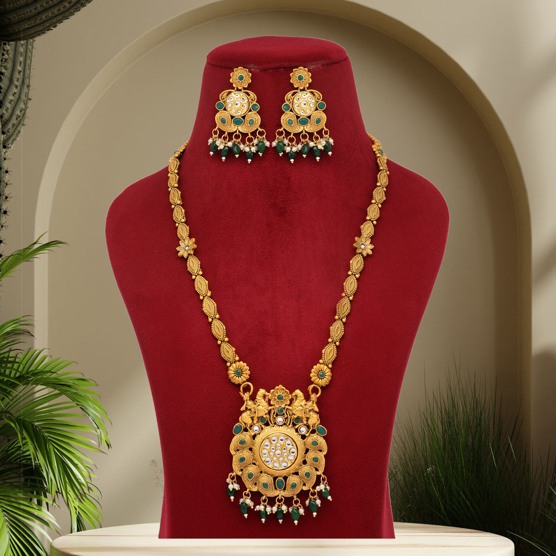 Green Color Vilandi Kundan Matte Gold Rajwadi Temple Necklace Set (TPLN323GRN) - preyans.com