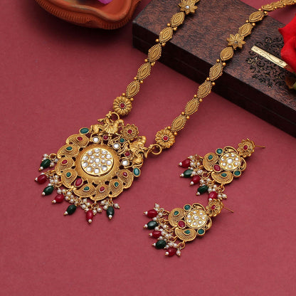 Maroon & Green Color Vilandi Kundan Matte Gold Rajwadi Temple Necklace Set (TPLN323MG) - preyans.com