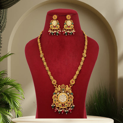 Maroon & Green Color Vilandi Kundan Matte Gold Rajwadi Temple Necklace Set (TPLN323MG) - preyans.com