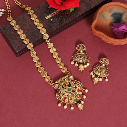 Rani & Green Color Vilandi Kundan Matte Gold Rajwadi Temple Necklace Set (TPLN326RNIGRN) - preyans.com