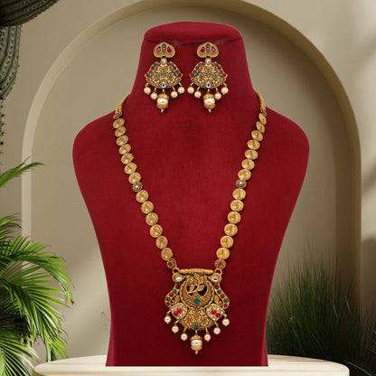 Rani & Green Color Vilandi Kundan Matte Gold Rajwadi Temple Necklace Set (TPLN326RNIGRN) - preyans.com