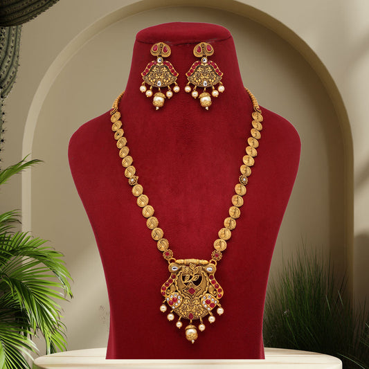 Rani Color Vilandi Kundan Matte Gold Rajwadi Temple Necklace Set (TPLN326RNI) - preyans.com