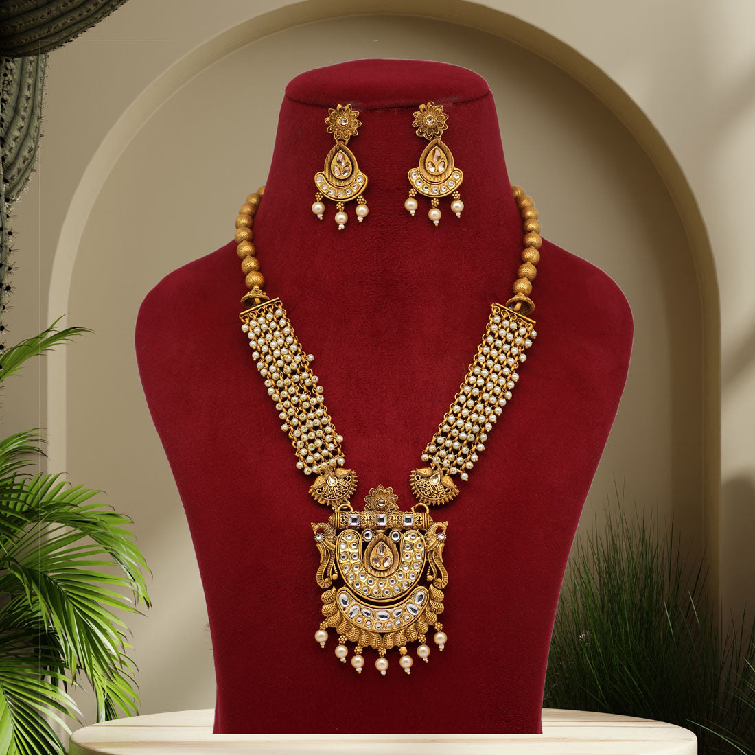 Gold Color Vilandi Kundan Matte Gold Rajwadi Temple Necklace Set (TPLN331GLD) - preyans.com