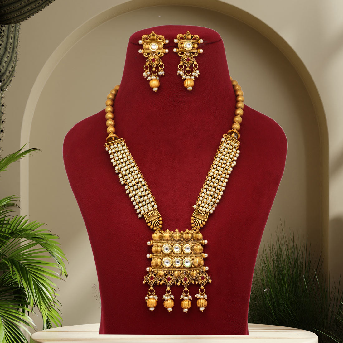 Rani Color Kundan Matte Gold Rajwadi Temple Necklace Set (TPLN334RNI) - preyans.com