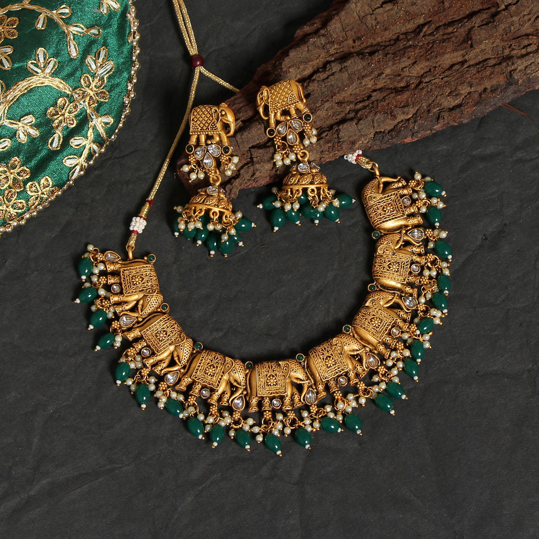 Green Color Rajwadi Matte Gold Necklace Set (TPLN418GRN) - Preyans.com