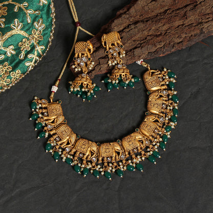 Green Color Rajwadi Matte Gold Necklace Set (TPLN418GRN) - Preyans.com