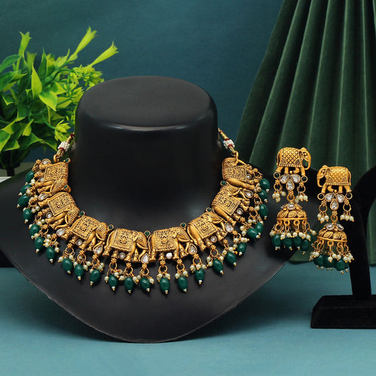 Green Color Rajwadi Matte Gold Necklace Set (TPLN418GRN) - Preyans.com