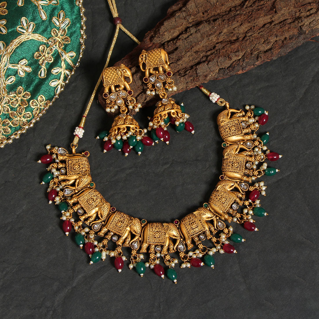 Rani & Green Color Rajwadi Matte Gold Necklace Set (TPLN418RNIGRN) - Preyans.com