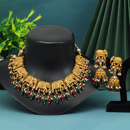 Rani & Green Color Rajwadi Matte Gold Necklace Set (TPLN418RNIGRN) - Preyans.com