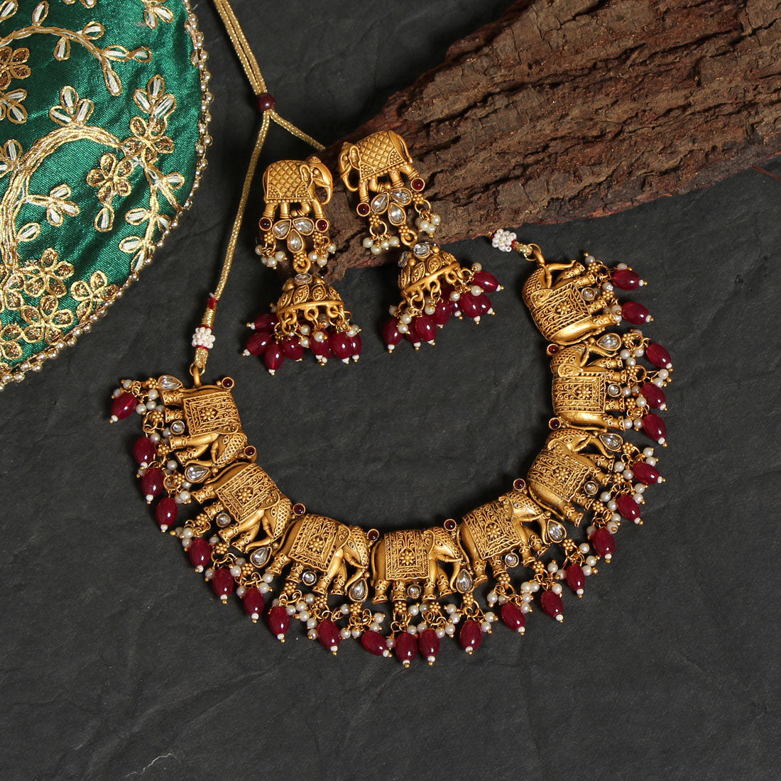 Rani Color Rajwadi Matte Gold Necklace Set (TPLN418RNI) - Preyans.com