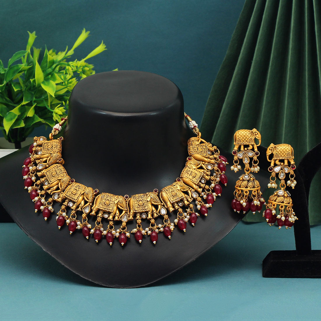 Rani Color Rajwadi Matte Gold Necklace Set (TPLN418RNI) - Preyans.com