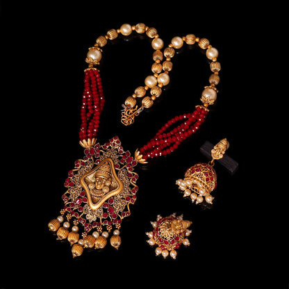 Maroon Color Matte Gold Rajwadi Temple Necklace Set (TPLN454MRN) - preyans.com