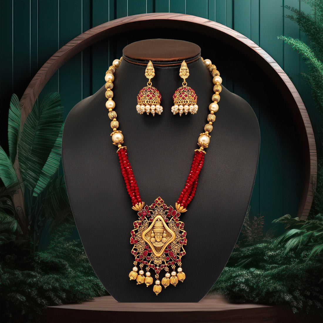 Maroon Color Matte Gold Rajwadi Temple Necklace Set (TPLN454MRN) - preyans.com