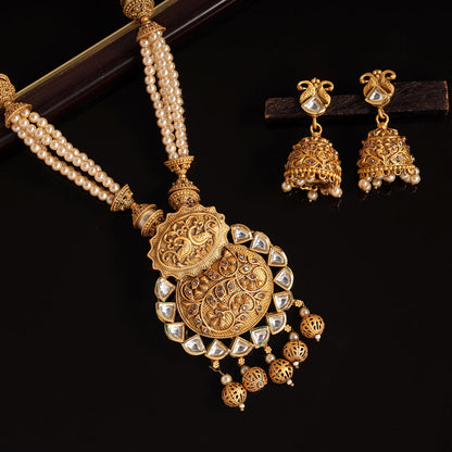 Gold Color Long Matte Gold Rajwadi Temple Necklace Set (TPLN471GLD) - preyans.com