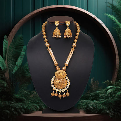 Gold Color Long Matte Gold Rajwadi Temple Necklace Set (TPLN471GLD) - preyans.com