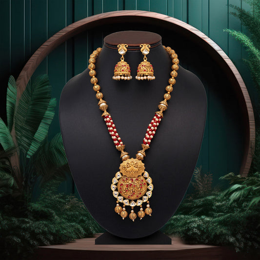 Maroon Color Long Matte Gold Rajwadi Temple Necklace Set (TPLN471MRN) - preyans.com