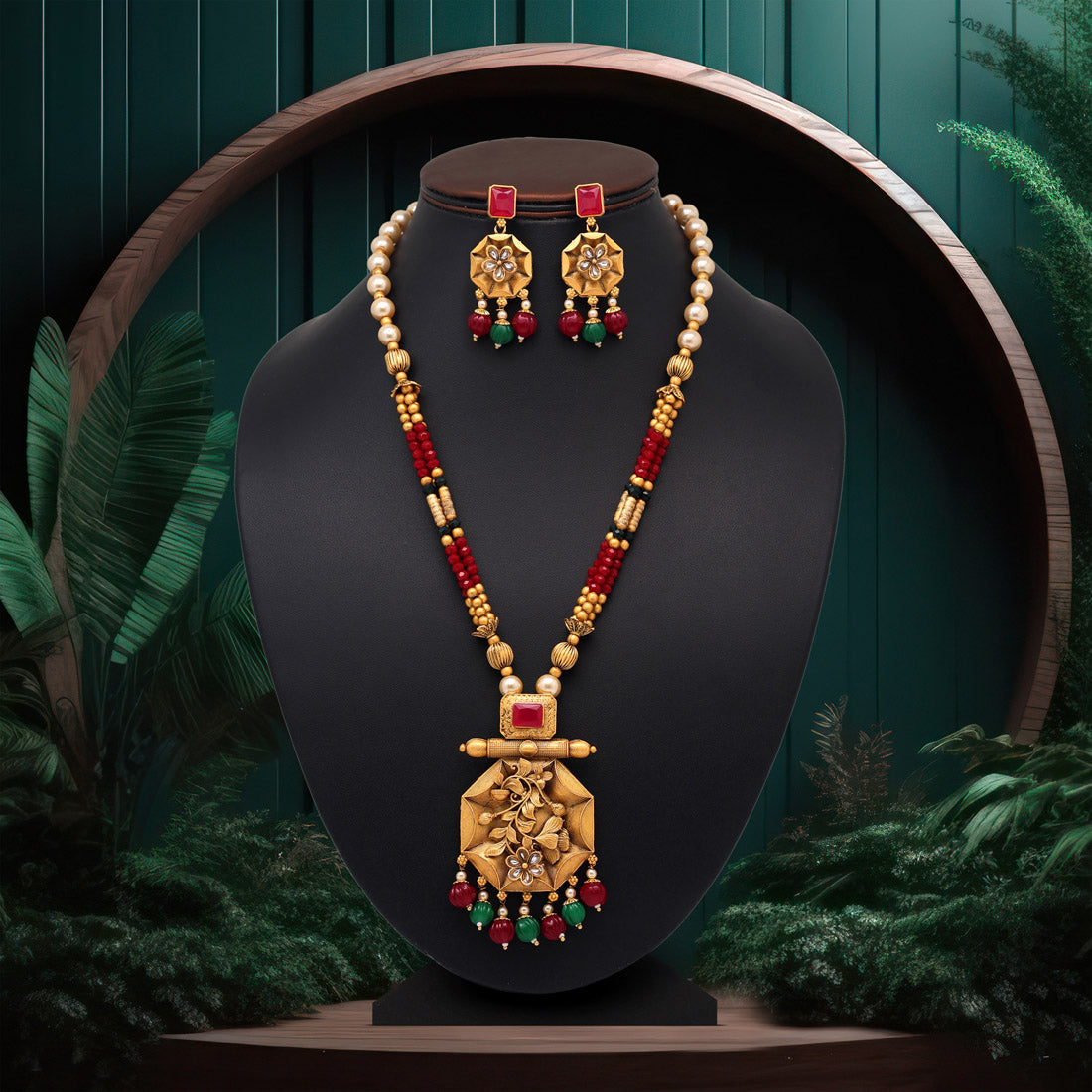 Maroon & Green Color Vilandi Kundan Long Matte Gold Rajwadi Temple Necklace Set (TPLN474MG) - preyans.com