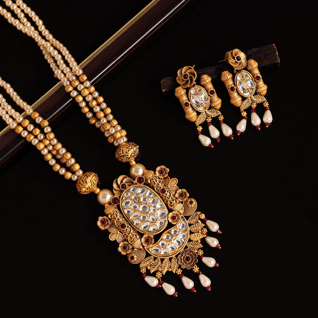 Rani Color Long Matte Gold Rajwadi Temple Necklace Set (TPLN476RNI) - preyans.com