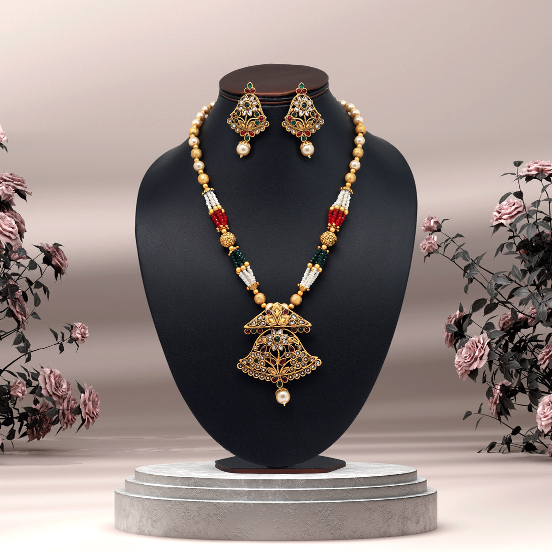 Maroon & Green Color Long Matte Gold Rajwadi Temple Necklace Set (TPLN504MG) - preyans.com