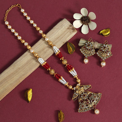 Maroon Color Long Matte Gold Rajwadi Temple Necklace Set (TPLN504MRN) - preyans.com