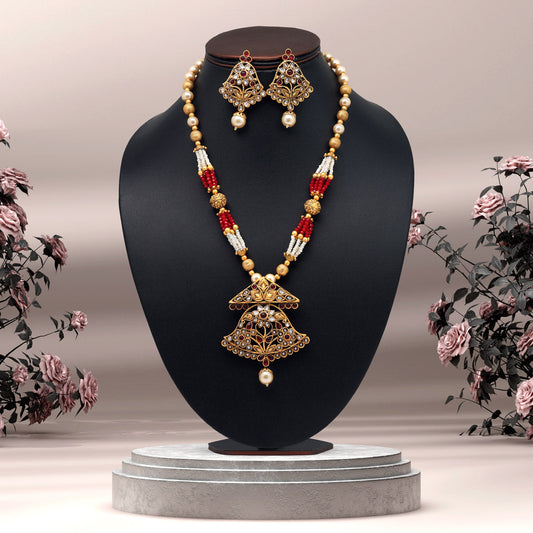 Maroon Color Long Matte Gold Rajwadi Temple Necklace Set (TPLN504MRN) - preyans.com