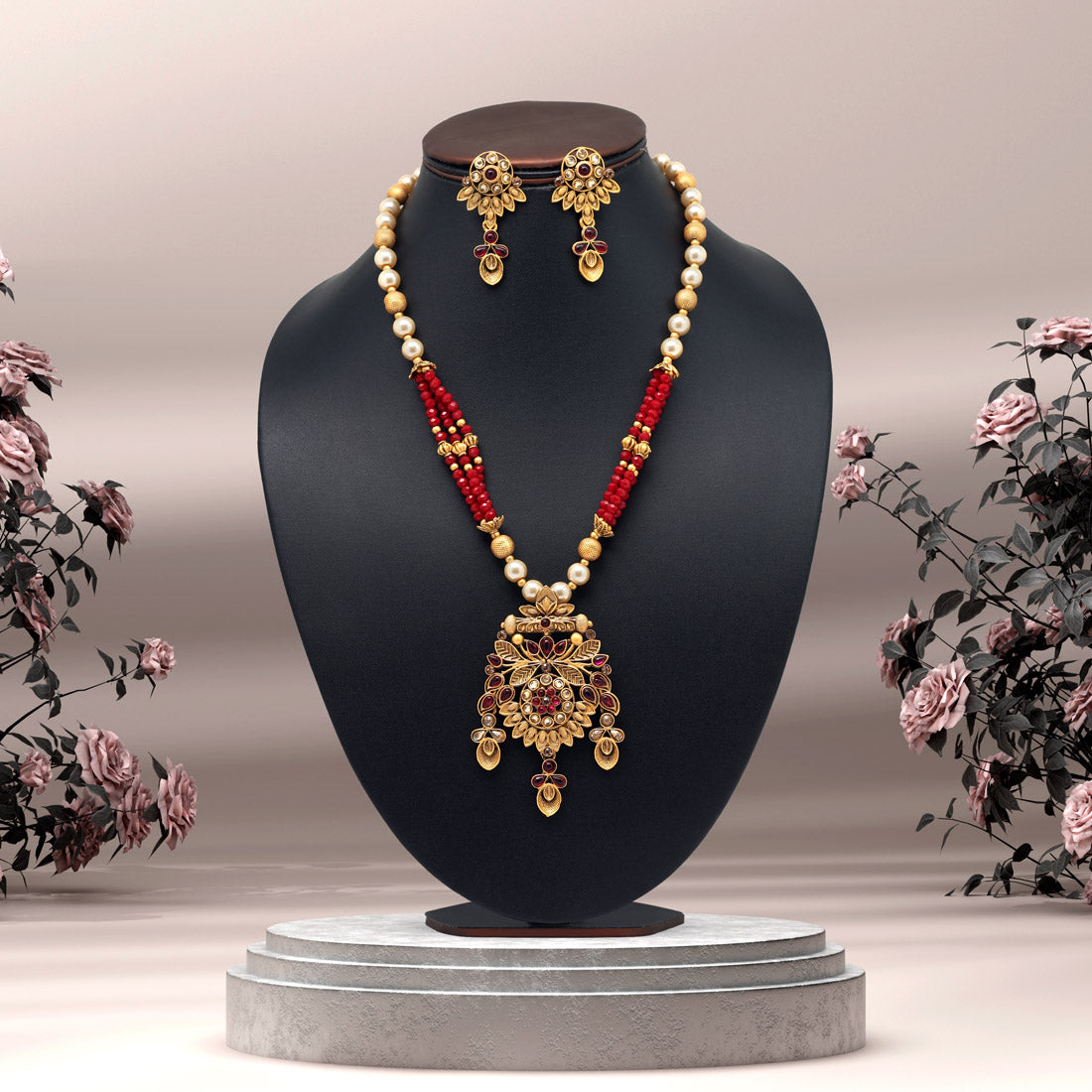 Maroon Color Long Matte Gold Rajwadi Temple Necklace Set (TPLN509MRN) - preyans.com