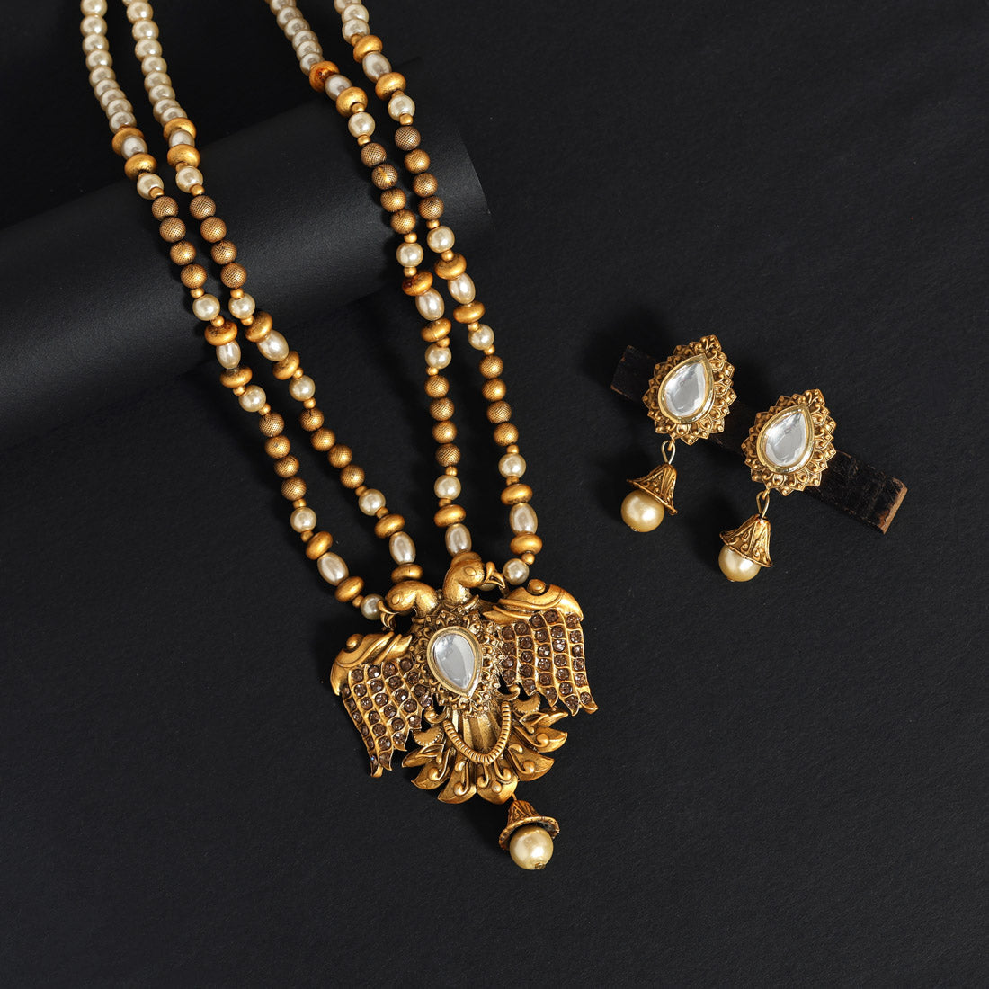 Gold Color Long Matte Gold Rajwadi Temple Necklace Set (TPLN513GLD) - preyans.com