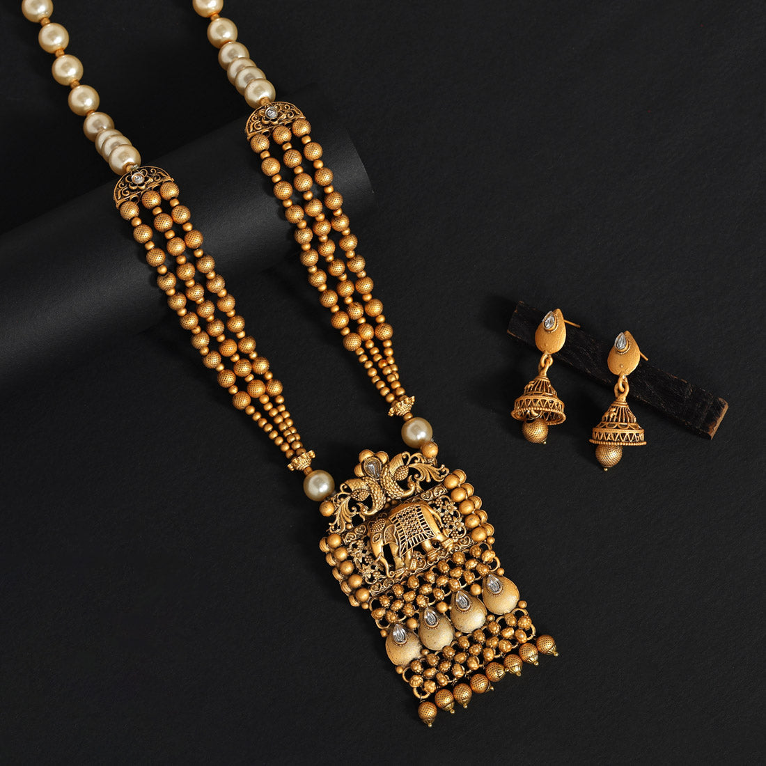 Gold Color Long Matte Gold Rajwadi Temple Necklace Set (TPLN514GLD) - preyans.com