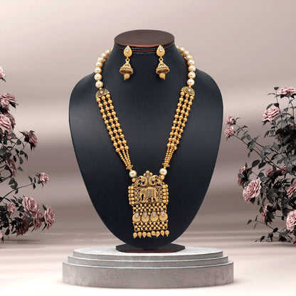 Gold Color Long Matte Gold Rajwadi Temple Necklace Set (TPLN514GLD) - preyans.com