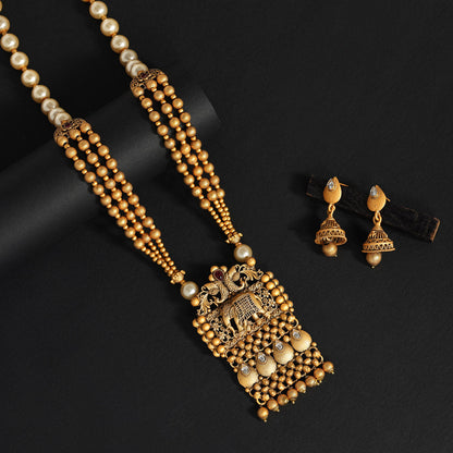 Rani Color Long Matte Gold Rajwadi Temple Necklace Set (TPLN514RNI) - preyans.com