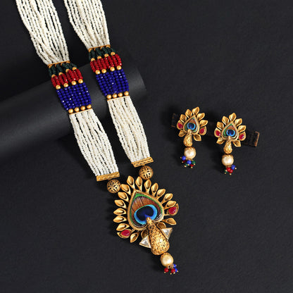 Multi Color Peacock Inspired Matte Gold Rajwadi Temple Necklace Set (TPLN516MLT) - preyans.com