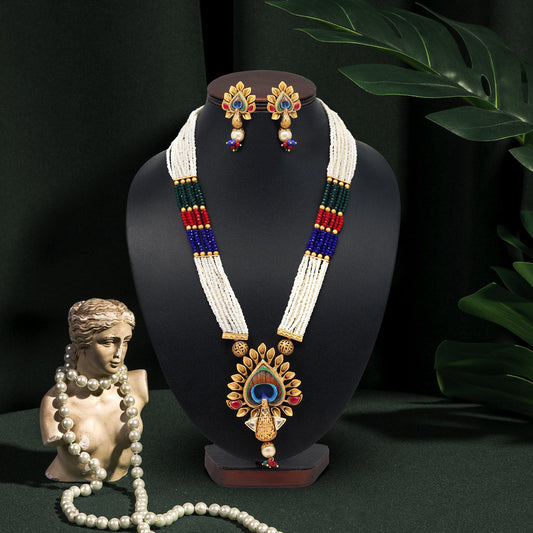 Multi Color Peacock Inspired Matte Gold Rajwadi Temple Necklace Set (TPLN516MLT) - preyans.com