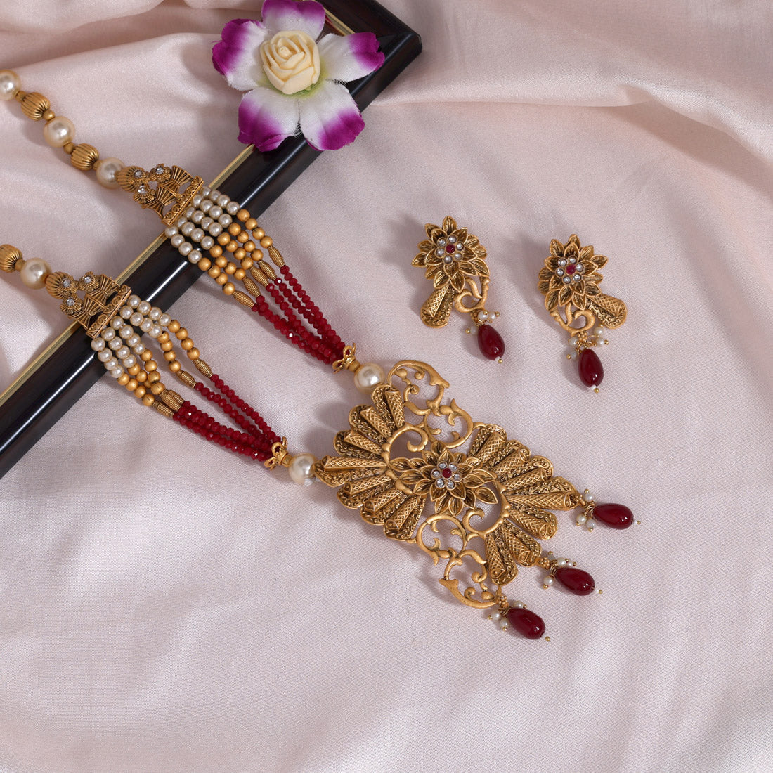 Maroon Color Long Matte Gold Rajwadi Temple Necklace Set (TPLN522MRN) - preyans.com