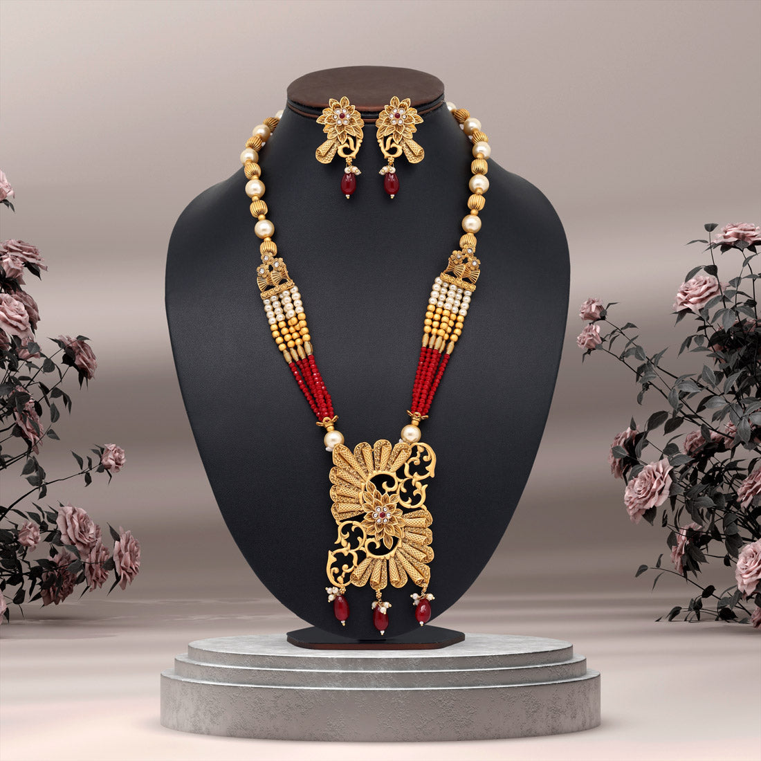 Maroon Color Long Matte Gold Rajwadi Temple Necklace Set (TPLN522MRN) - preyans.com