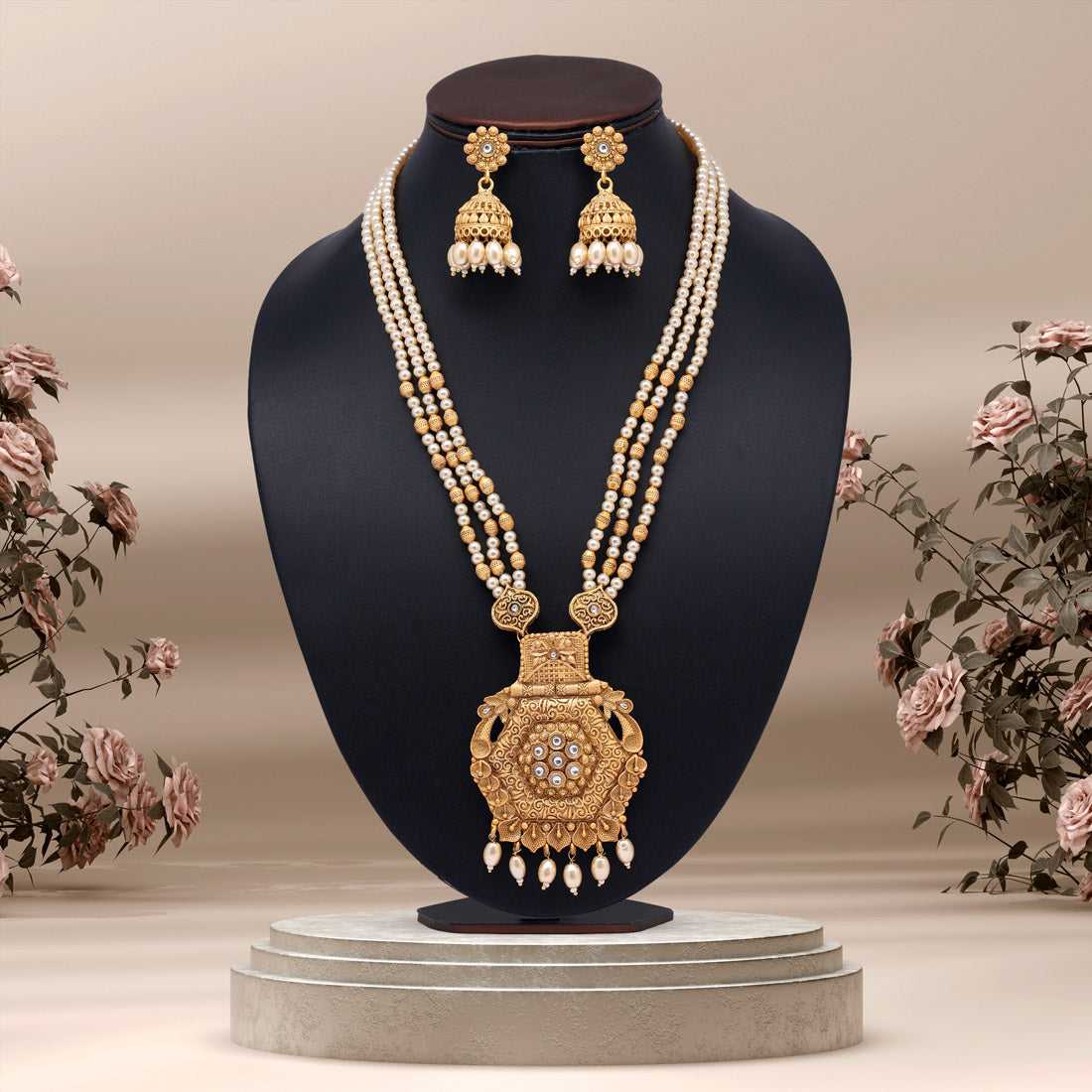 Gold Color Long Matte Gold Rajwadi Temple Necklace Set (TPLN542GLD) - preyans.com