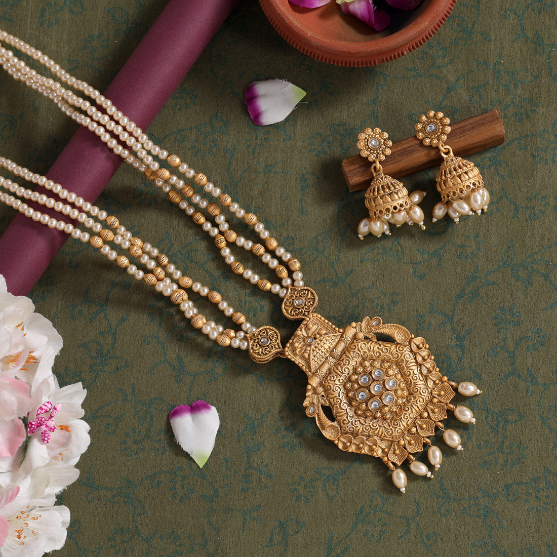 Gold Color Long Matte Gold Rajwadi Temple Necklace Set (TPLN542GLD) - preyans.com