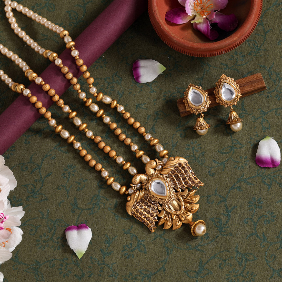 Gold Color Long Matte Gold Rajwadi Temple Necklace Set (TPLN546GLD) - preyans.com