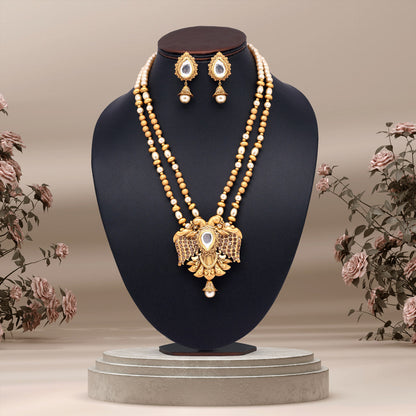 Gold Color Long Matte Gold Rajwadi Temple Necklace Set (TPLN546GLD) - preyans.com