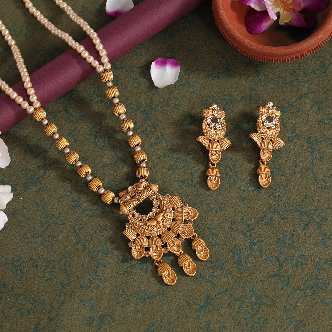 Gold Color Long Matte Gold Rajwadi Temple Necklace Set (TPLN550GLD) - preyans.com